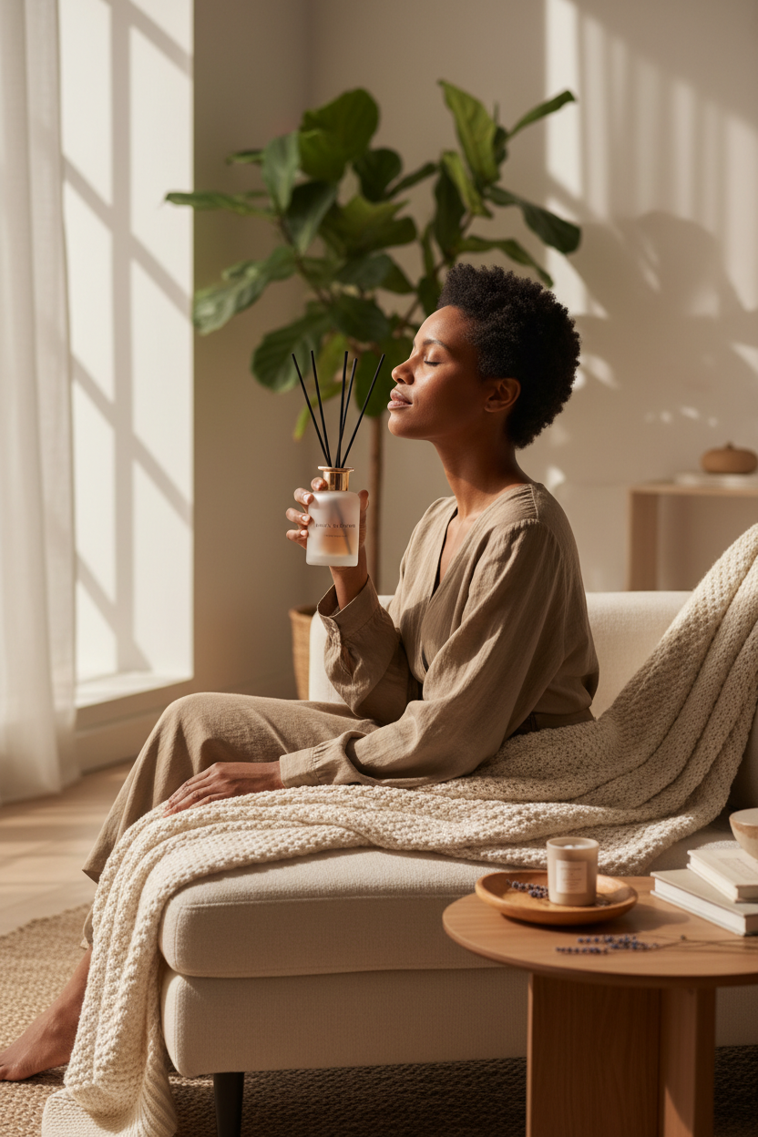 Person of color with reed diffuser